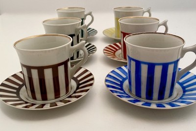 Vintage Cup & Saucer Set of 6, Steccato-Style, Made in Japan