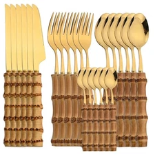 24 Pcs Tableware Sets Bamboo Cutlery Set Purely Natural Handle Flatware Set ^