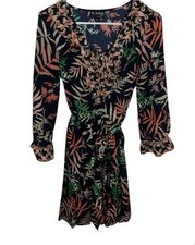The Webster Miami At Target Palm Print Navy Ruffle Long Sleeve Dress, Size Med 