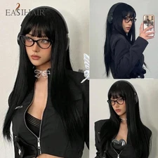 EASIHAIR Long Silky Straight Synthetic Wigs with Bangs Black Cosplay Party Lolit