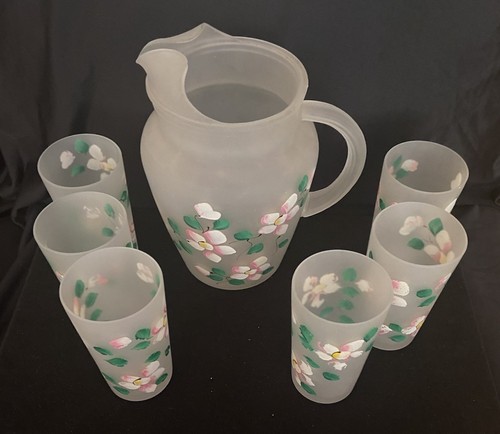 Vintage Frosted Hand painted Glass Pitcher With 6 Glasses - 第 1/9 張圖片