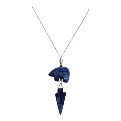 Vintage Sodalite Bear Fetish Arrow Pendant Necklace 10K Gold Plated Chain Native