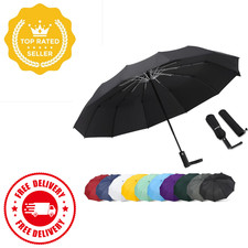 Large Automatic Travel Umbrella 46 Inch Windproof 12 Rib Folding Waterproof Blac