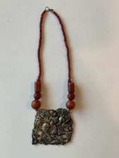 Antique Chinese Silver Pendant Woman on Qilin w/ Cinnabar & Resin Beads Necklace
