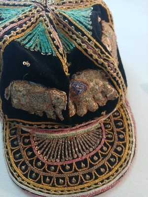 Handmade Thai Embroidered Elephant Decorative Hat Black Gold Green Sequins