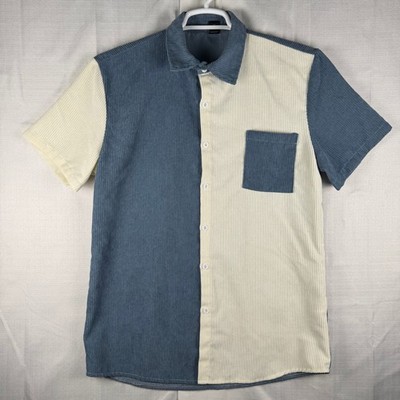 Romwe Mens Colorblock Corduroy Short Sleeve Button Up Shirt Blue Cream Size M