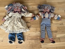 Rare Vintage Raggedy Ann Andy Black African American 23  Rag Doll Set Folk Art