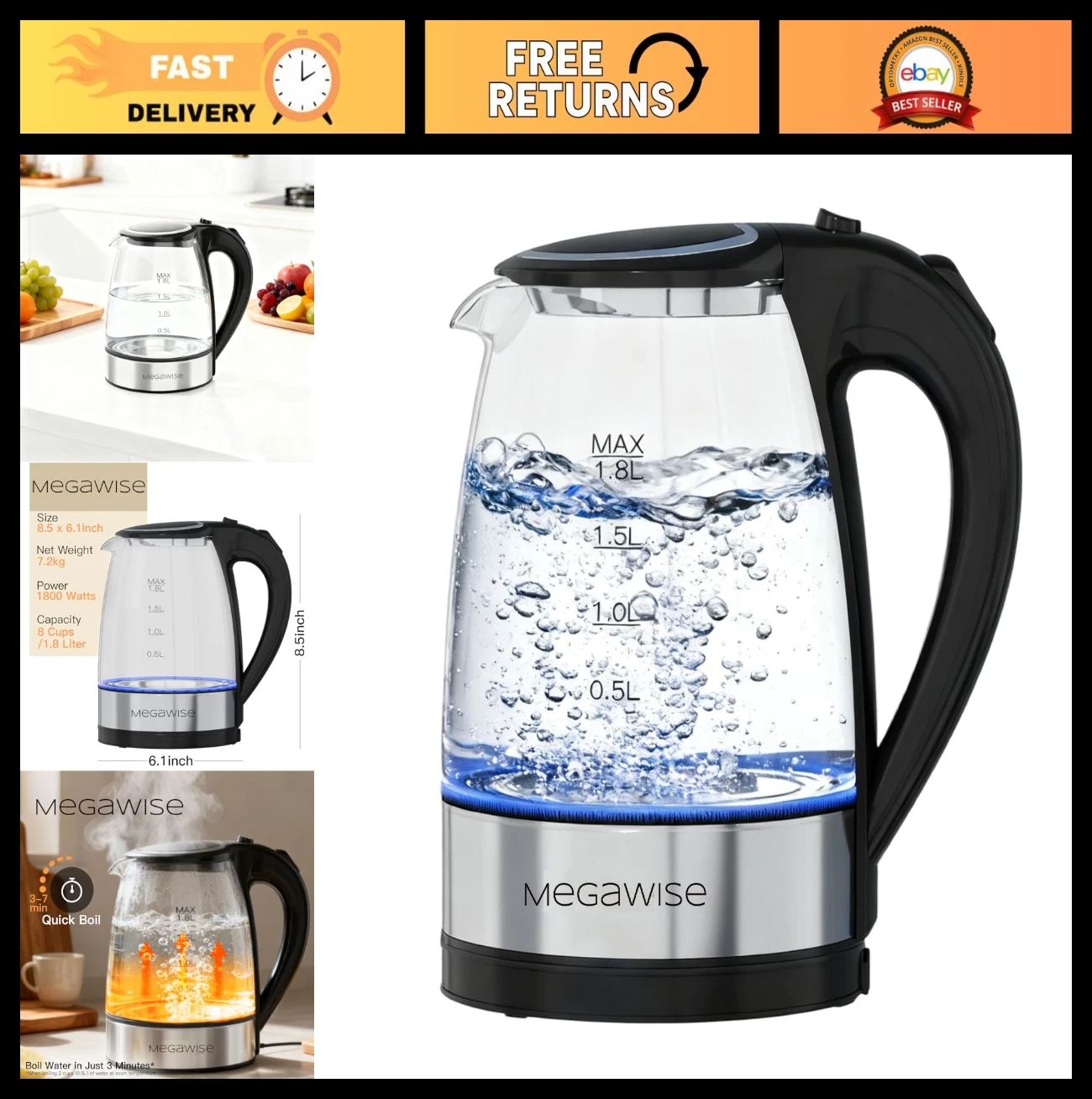 Electric Glass Kettle 1.8L with Auto Shut-Off, Fast Boil, BPA-Free, Cordless