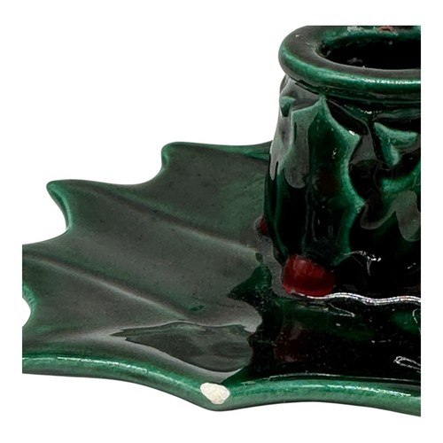 2 Vintage Green Ceramic Holly Leaf Berry Chamber Stick Taper Candle Holders - Picture 6 of 14