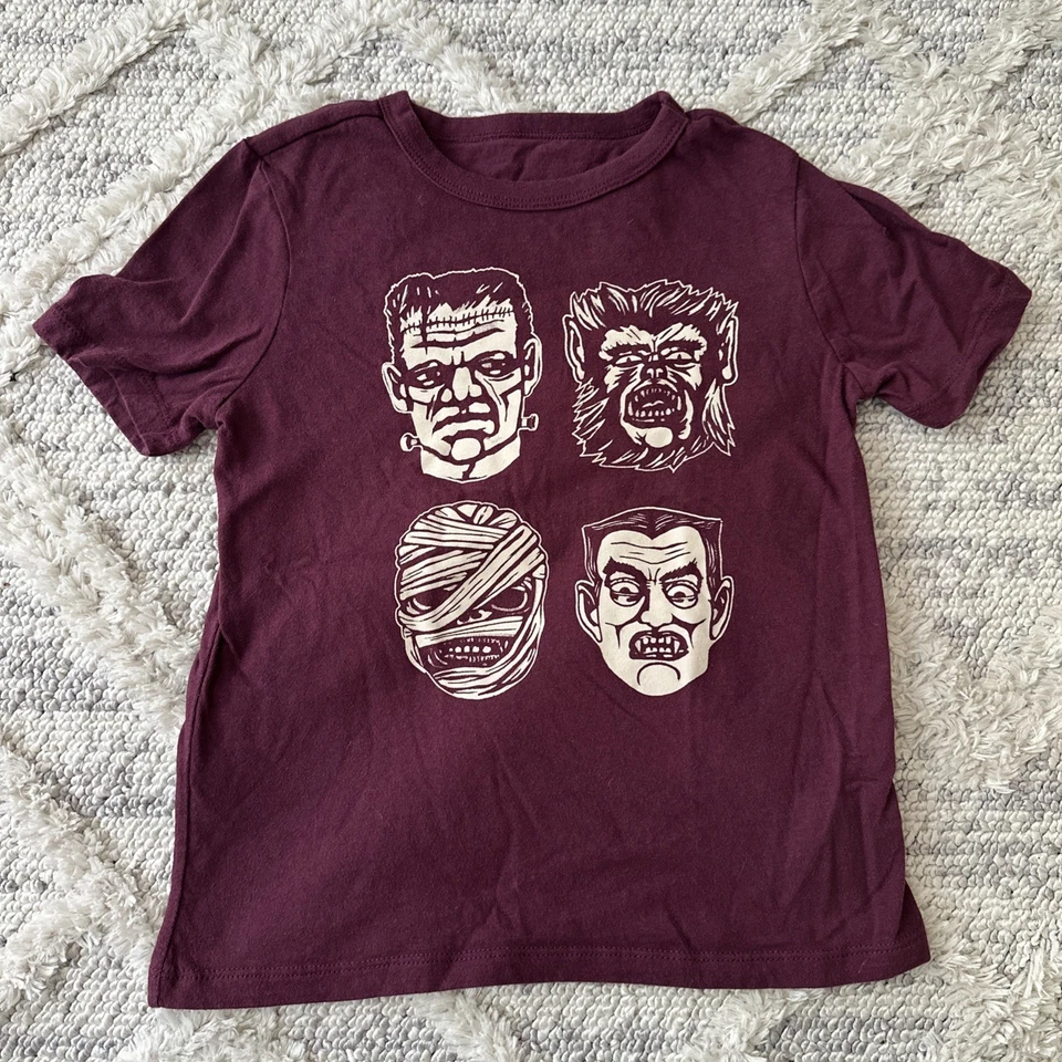 Gap Kids Boys Halloween T Shirt Monsters Burgundy Frankenstein Dracula Werewolf  - Image 2 of 4