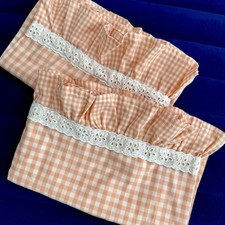 2 Vtg Pair Standard Handmade Orange Ruffle Gingham Checked Pillowcases 22x28