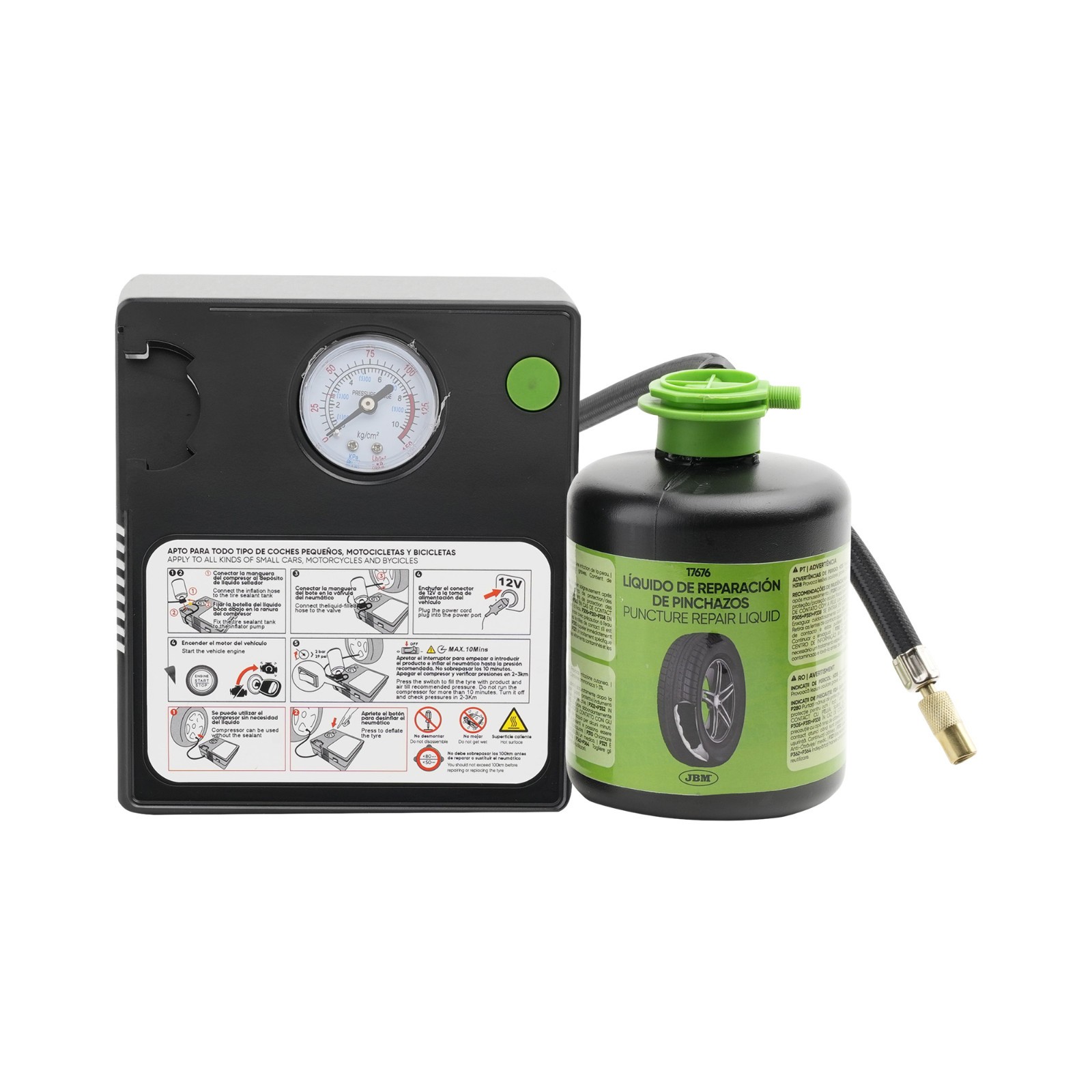 KIT DI RIPARAZIONE PNEUMATICI LIQUIDO SIGILLANTE E COMPRESSORE D'ARIA 54760 JBM foto 5