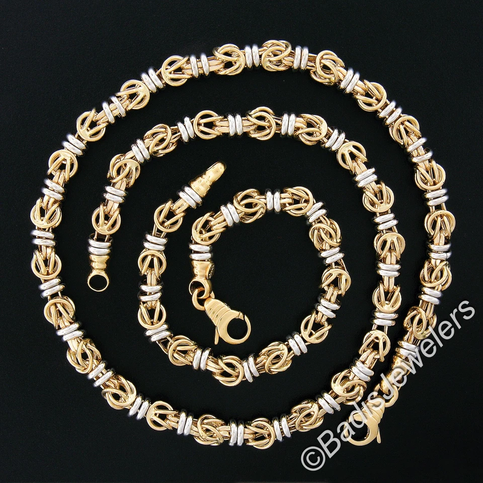14k Two Tone Gold Polished Barrel Interlocking Open Link Bracelet Necklace Set - Image 4 of 4