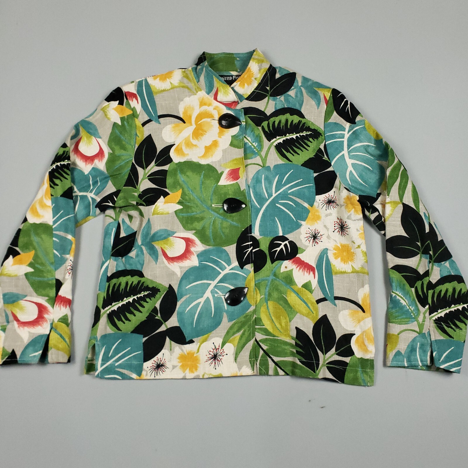 Giacca pony vintage dipinta donna media tropicale floreale misto lino con bottoni