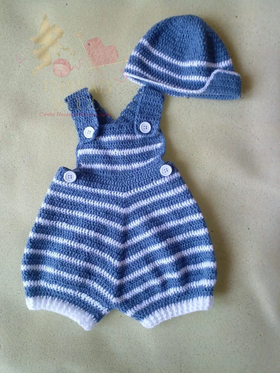 0-3 Months Baby Boy Dress Crochet Romper Clothes Set Infant Newborn Blue  Outfit