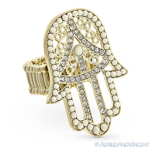 Anillo Elástico Hamsa Mano de Fátima Mal de Ojo Judaica Cabalá Suerte Dije Cóctel - Imagen 2 de 12