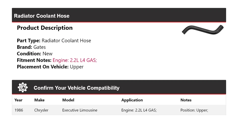 Manguera de refrigerante de radiador para Chrysler Executive Limousine 1986 puertas superiores Foto 2 de 4
