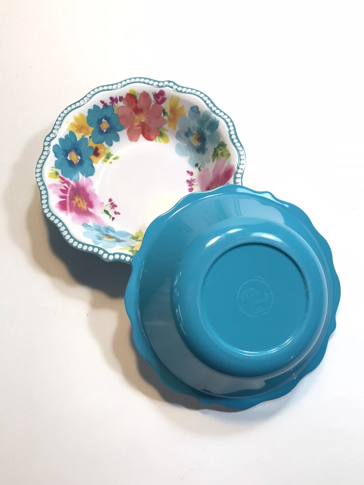 Set of 2 PIONEER WOMAN Vintage Floral Teal and Pink Cereal or Salad Bowls - Image 3 of 4