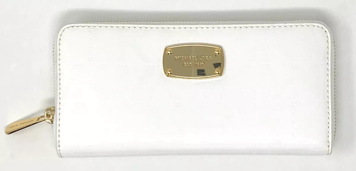 Michael Kors Jet Set Item Monogram PVC Zip Around Continental Wallet White NWT