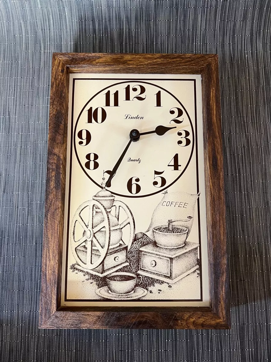 Vintage LINDEN Coffee-themed wood-finish Quartz 14 x 9 wall clock NICE,  tested!