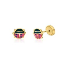 14K Pure Yellow Gold Red Ladybug Stud Earring