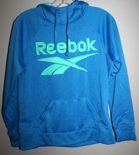 REEBOK GIRL'S BLUE GREEN LOGO LONG SLEEVE HOODED PULLOVER SWEATSHIRT SZ SMALL