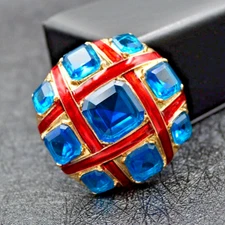 Blue Cubic Zirconia & Red Enamel Hand Set Brooch Pin with Gold Bag