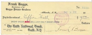 1916 Check Bath National Bank NY, Frank Boggs Potato Sorter, Atlanta, Effie Hill