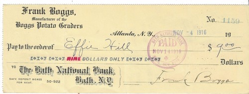 1916 Check Bath National Bank NY, Frank Boggs Potato Sorter, Atlanta, Effie Hill