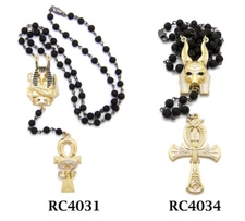 Egyptian Anubis & Ankh Cross 5mm/24",30" Lava Stone Bead Rosary Chain Necklace