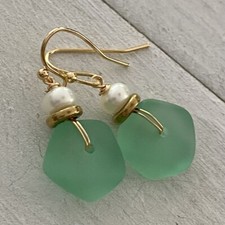 Min Favorit Sea Green Sea Glass, Freshwater Pearl Gold Pl Artisan Earrings
