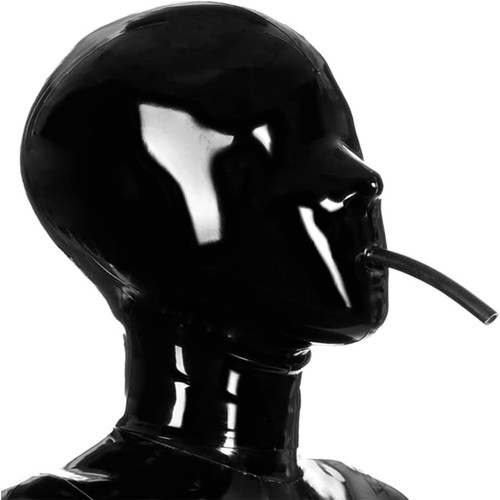 Black Latex Hood Mask with Mouth Tube,Full Face Breathing Zipped Latex Mask-B - Picture 1 of 7