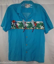 Paradise Found Hawaiian Aloha Blue Tropical Bird Camp Lounge Shirt Men's M