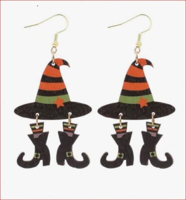 Halloween Witches Hat and Shoes Ear Rings, Star Moon Wooden Ear Rings, New