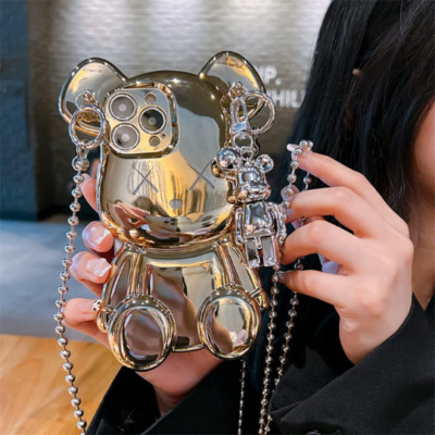 Cartoon 3D Cute bear crossbody pendant chain case for iPhone 13 and 14 Pro Max