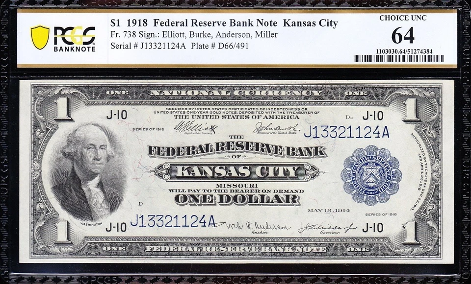 Amazing Crisp VCH/UNC 1918 $1 Kansas City FRBN Note! PCGS 64! 22124A - Image 2 of 3