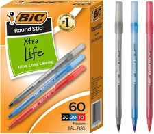 round Stic Xtra Life Assorted Ink Ballpoint Pens, Medium Point (1.0Mm) Pen, 60-C