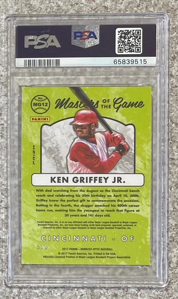 2017 DONRUSS OPTIC KEN GRIFFEY JR MASTERS/GAME GREEN~#ed 5/5~PSA GEM 10-POP 2!!! - Image 3 of 4