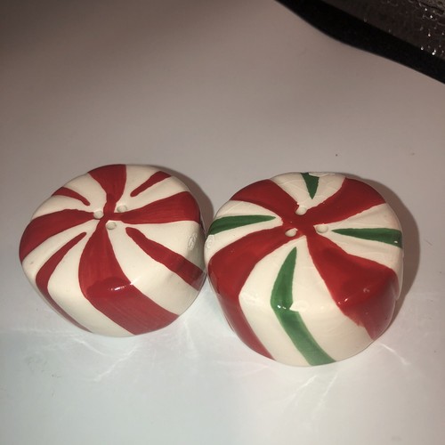Vintage ceramic salt and pepper shakers Round peppermint candies Minor Damage - Picture 6 of 8