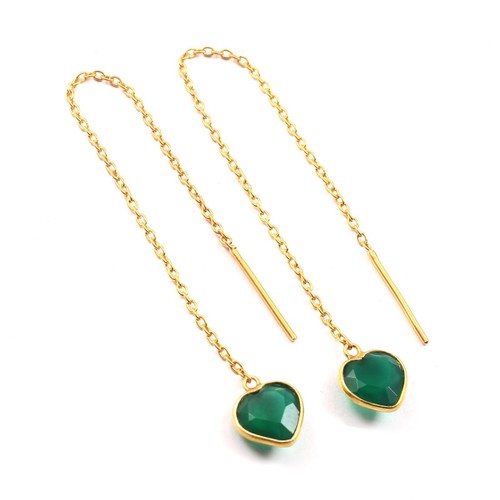 Green Onyx Threader Earring - Natural Gemstone 18k Solid Gold Handmade Earring - Picture 2 of 3
