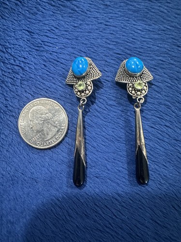 Sajen Sterling Silver 925 Turquoise, Peridot And Black Onyx Dangle Earrings, 2.5 - Picture 3 of 12