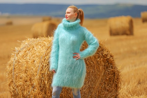 Fuzzy green blue mohair dress handmade sweater fluffy tunic SUPERTANYA size XS-S - Picture 2 of 7