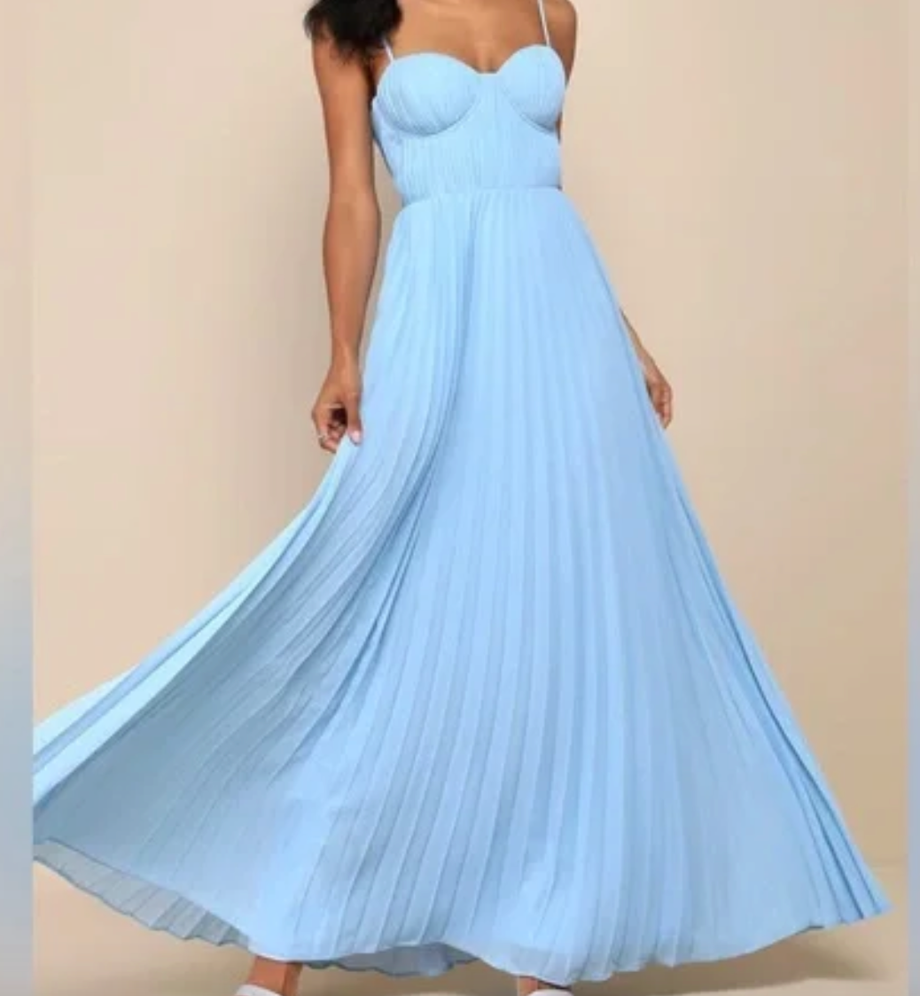 Lulu's Admirable Elegance Light Blue Pleated Bustier Maxi Dress Wedding Party