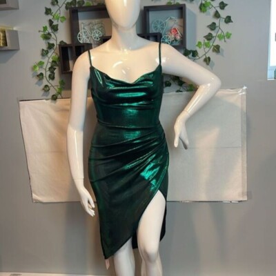 Micas Metallic Draped Neck Ruched Wrap Green  Mini Dress Size Large