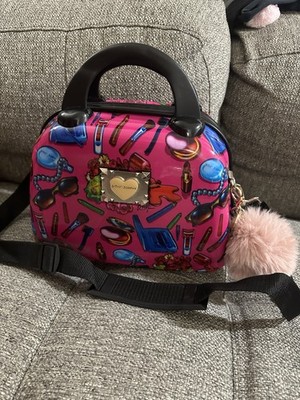 Betsey Johnson Hard Shell Makeup Print Crossbody Bag Vanity Case Pink Pom Pom  