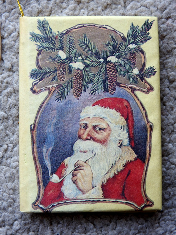 Old R O C Christmas Greetings W/ Santa Smoking A Pipe Miniature Book Ornament