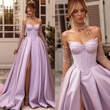 Lilac Corset Prom Dresses Sheer Long Sleeves Pearls Ball Gown with Slit Formal