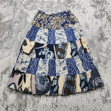 Vintage Notations Skirt Womens S Blue Tan Patchwork A-Line Pull On Midi Cotton