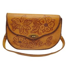 Vintage Leather Floral Pattern Shoulder Bag Hand Tooled Twist Lock