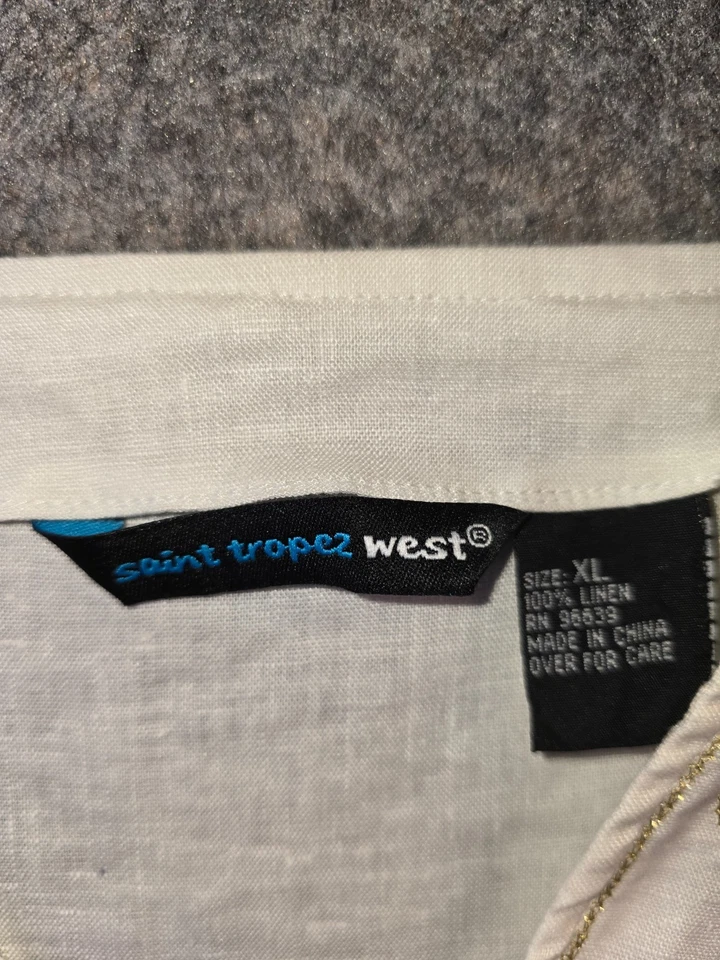 Hermosa túnica Saint Tropez West XL lino bordado lentejuelas oro blanco Foto 2 de 4